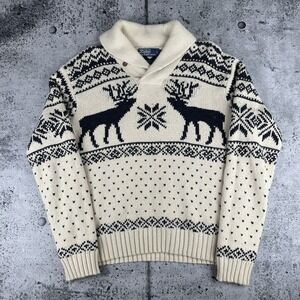 Vtg POLO Ralph Lauren Angora Rabbit/Cashmere Knit Nordic Shawl Sweater M Deer